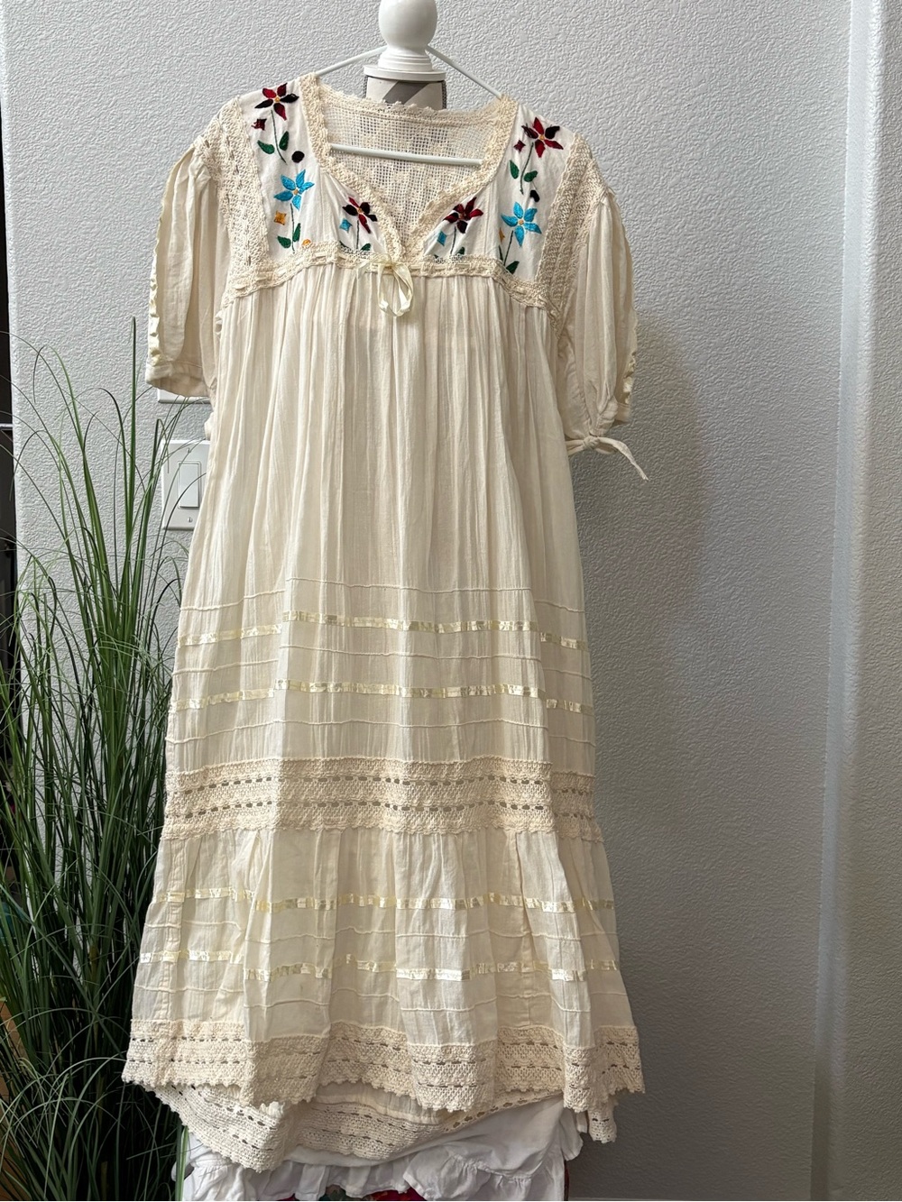 Boho Cream Embroidered Tiered Midi Dress